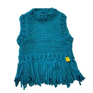 Crochet High Neck Cropped Sleeveless Women’s Top Teal Blue Boho Fringe Size S